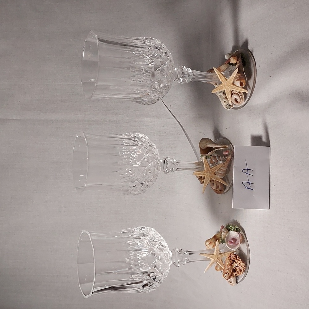 Handmade Shell Art Wine Glasses Crystal Cut Design Set of 3
